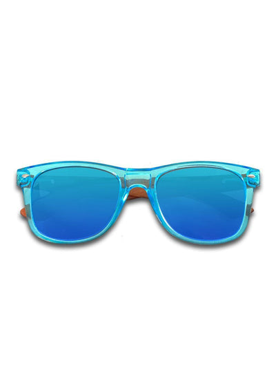 Eyewood Wayfarer - Sapphire - Transparent blue frame with blue mirror lenses and temples made of wood.