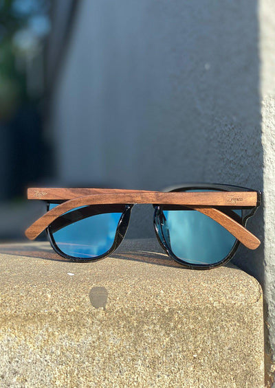 Eyewood tomorrow is our modern cool take on classic models. This is Delphinus with blue mirror lenses. With walnut wooden sides. Photo taken from the back showing the walnut sides.