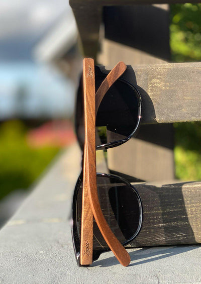 Eyewood tomorrow is our modern cool take on classic models. This is Fornax with black lenses. With walnut wooden sides. Photo from the back showing the walnut sides.