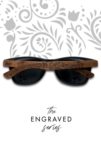 Engraved wooden sunglasses handmade with floral pattern from Zerpico.