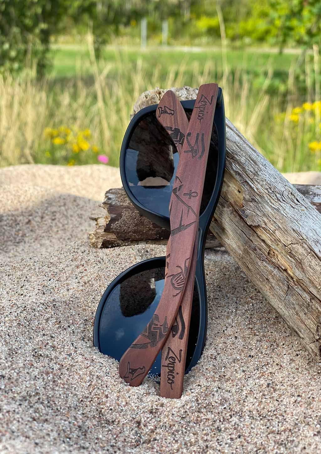 Our wooden engraved sunglasses with a feel from ancient lands.