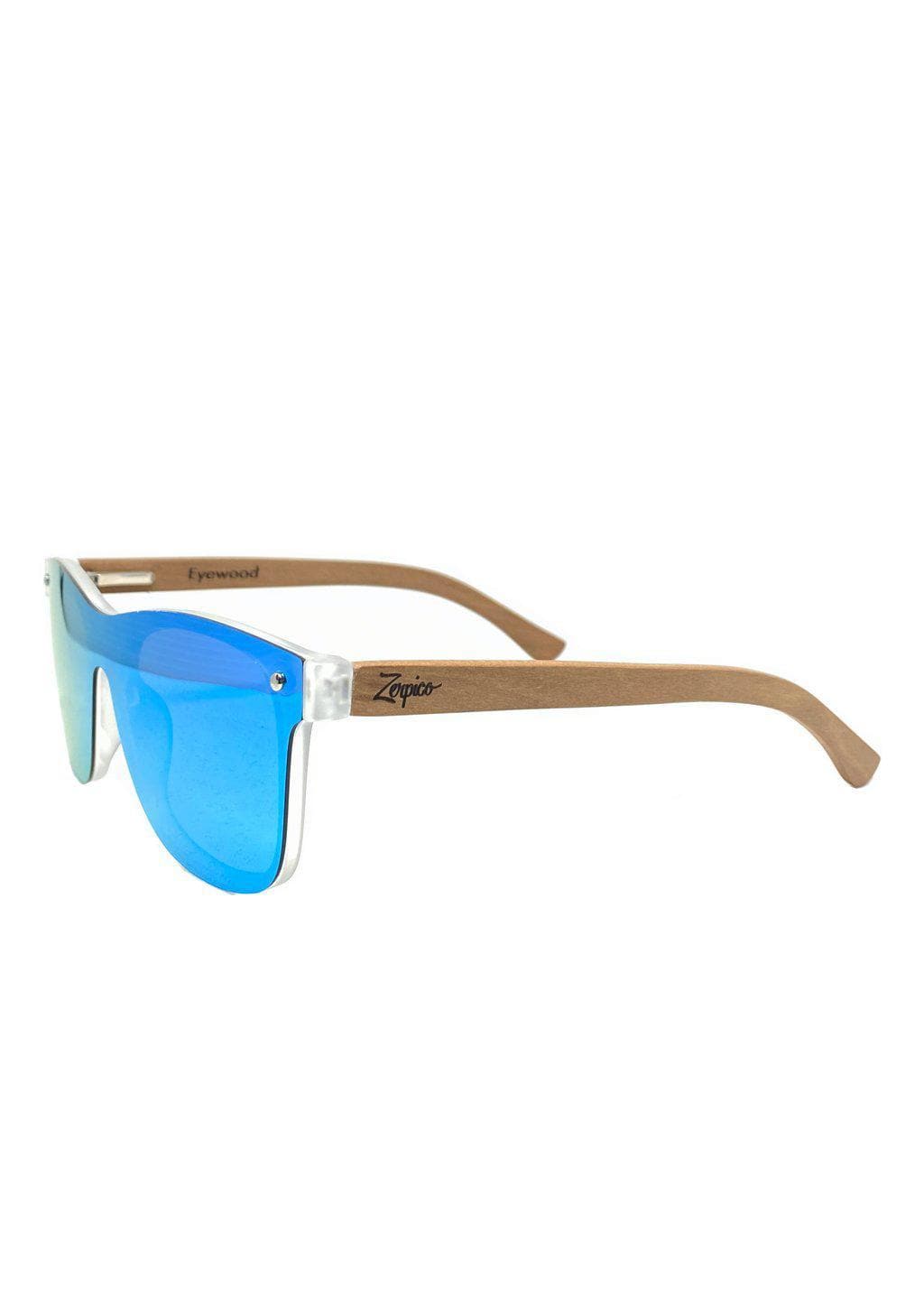 Eyewood tomorrow is our modern cool take on classic models. This is Gemeni with blue mirror lenses. Nice wooden sunglasses. From the side.