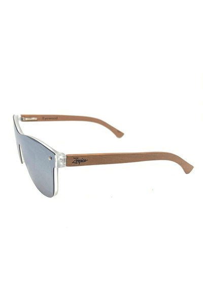 Eyewood tomorrow is our modern cool take on classic models. This is Perseus with silver mirror lenses. Nice wooden sunglasses in studio with details from the side.